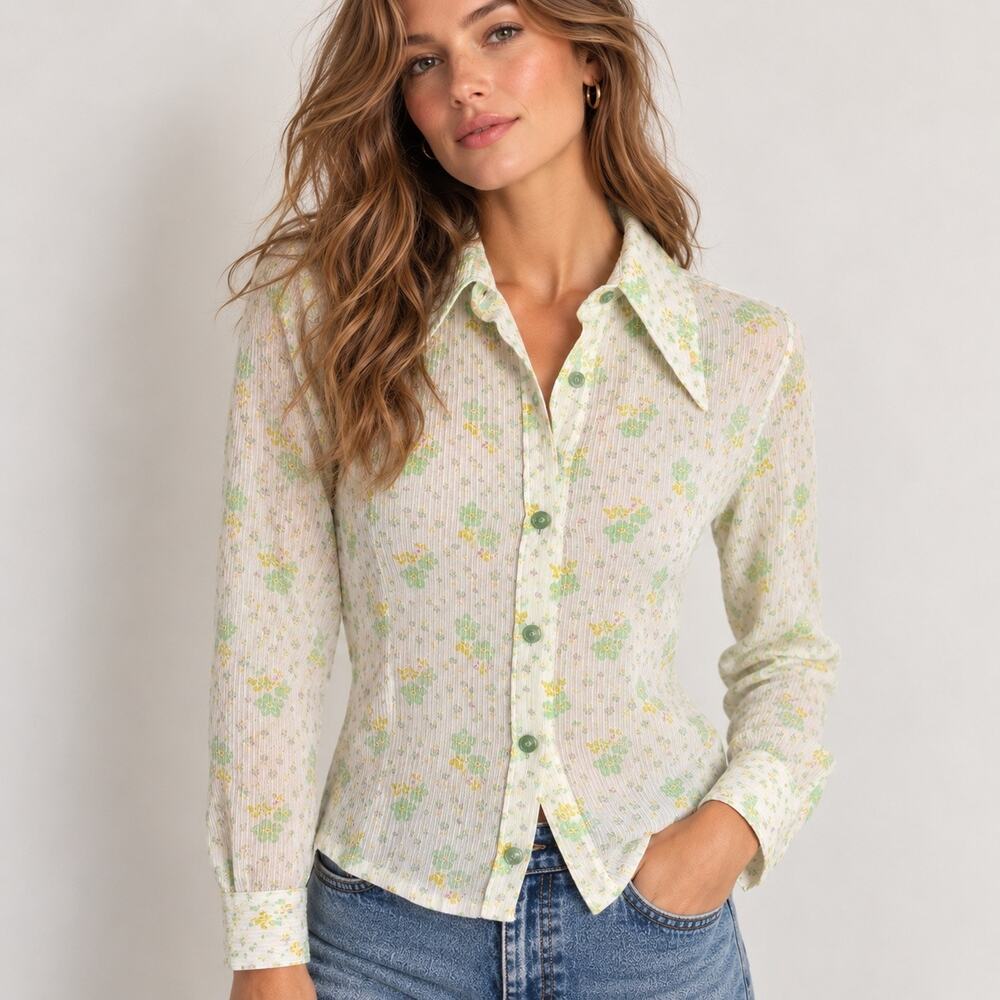 Vintage 70s Bobbie Brooks Floral Blouse Sheer Dagger Collar Boho XS
